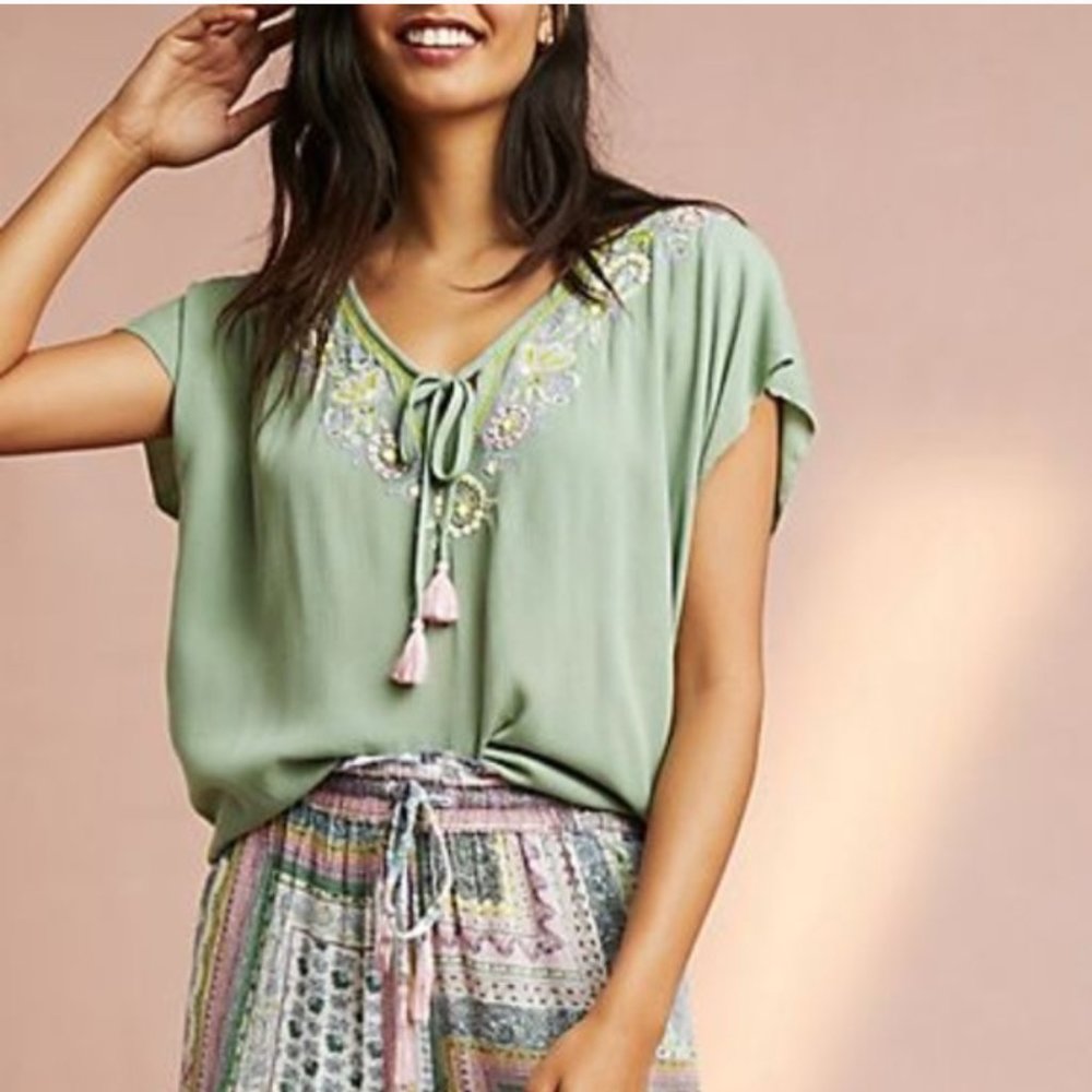 Anthropologie Green Embroidered Blouse